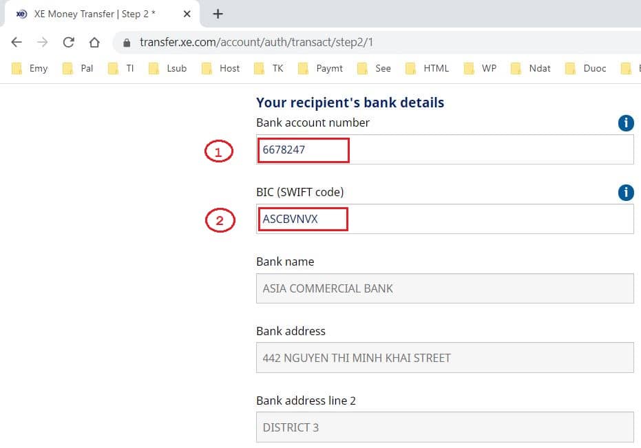XE to send money bank detail